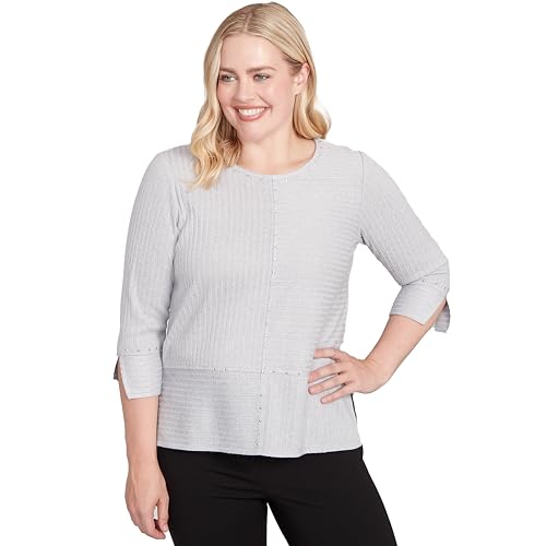 Alfred Dunner Women's Heat Set Embellished Solid Knit Top, Size L, Grey