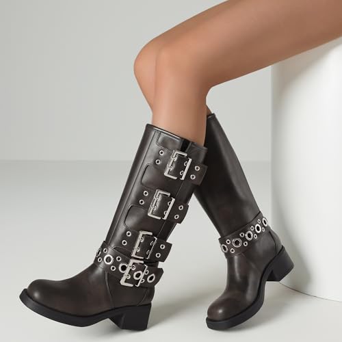 Image of AMINUGAL Knee High Boots Women Square Toe Pull On Wide Calf Riding Fashion Buckles Chunky Metallic Casual Vintage Buckle Rivet