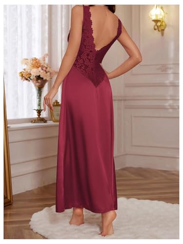 Image of WDIRARA Women's Satin Sleepwear Nightgown | Lace, Backless, Deep V Neck, Sleeveless, Long
