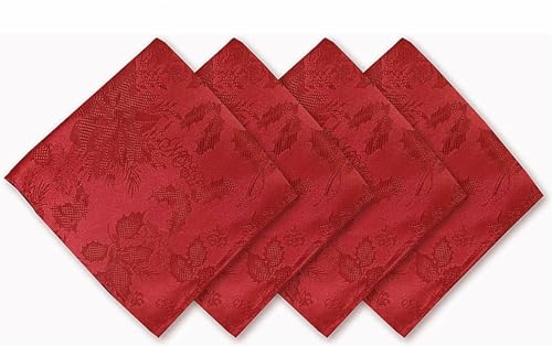 Newbridge “Christmas Carol” Holiday Noel Damask Napkins, Holly Leaf and Poinsettia Weave Damask Soil Resistant, Wrinkle Free Easy Care Napkins, Set of 4 Fabric Napkins, Red