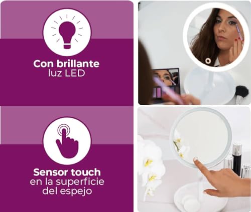 Beurer-Illuminated-5X-Vanity-and-Cosmetics-Mirror-Touch-Sensor-Surface-Storage-Tray-with-Portable-Magnetic-Magnifying-Makeup-Mirror-White-LED-Light-and-Dimmer-Cordless-360-Rotation-BS45