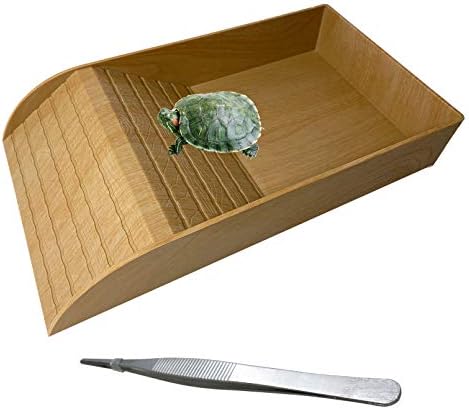 kathson 爬行动物乌龟喂食盘带斜坡和烘焙平台塑料乌龟食物和水碗,也适用于浴室角青蛙蜥蜴两栖动物(棕色,仿真木)