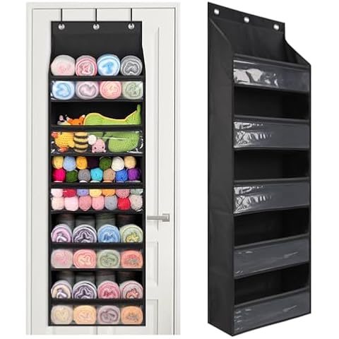 Katech Hanging Yarn Storage Organizer, Over Door Knitting Organizer Storage with 5 Clear Pocket for Yarn Enthusiasts, Hanging Yarn Storage Bag for Crochet Hooks, Yarn Balls Cover