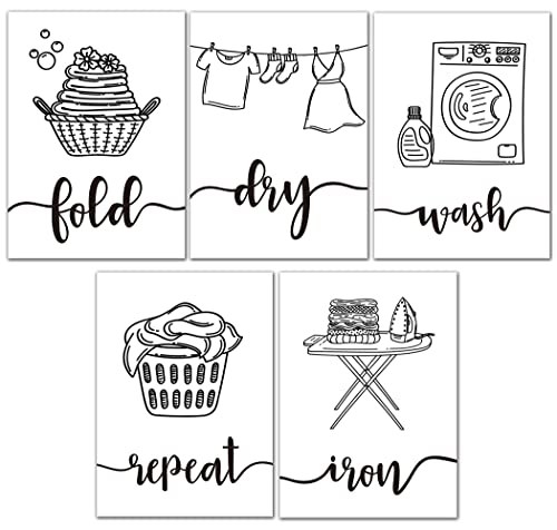 Waschküche Poster 21x30 5er Set, Schwarz & Weiß Poster Deko für Waschküche, Leinwand Wanddeko für Waschküche, Laundry Room Wäscheschilder, Wanddekoration Malerei Kein Rahmen, 21 x 30 cm