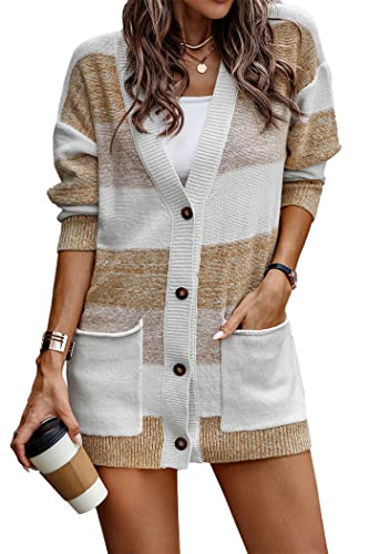 Image of PRETTYGARDEN Women's Color Block Cardigan Long Sleeve Open Front Button Down Knit Sweater Coat with Pockets (Yellow,Small)