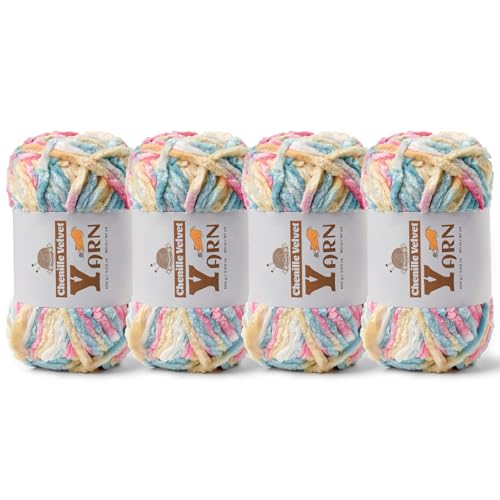 Image of 4 Pack Plush Chenille Chunky Yarn - Fluffy Velvet Yarn Crochet for Blanket Knitting and Crocheting - Soft Baby Yarns for Crocheting - Amigurumi Crochet Yarns 100g (87yds) (4 Candy Color)