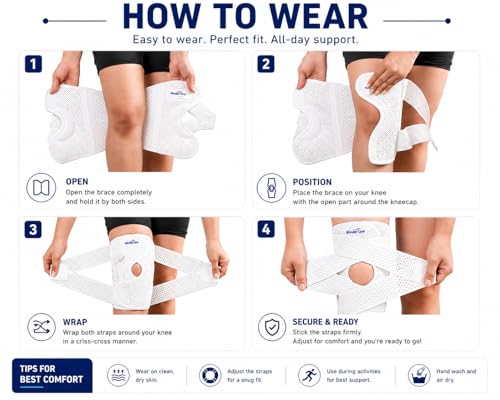 Image of Wonder Care Adjustable Wrap Knee Support Brace, Air Mesh Fabric Knee Brace Cap for Pain Relief, Sports, Arthritis, Running Protection Men Women [White] (2, S)