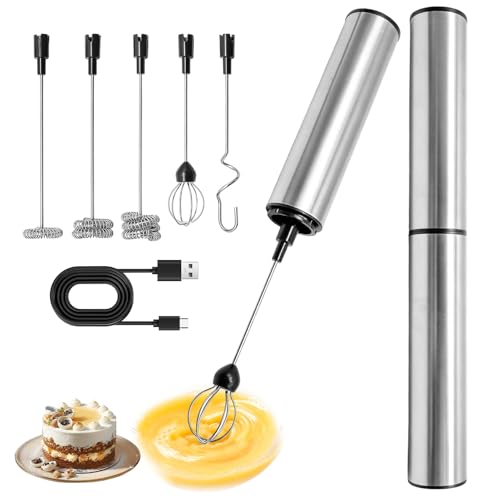 Espumador de Leche Eléctrico Recargable USB-C, Batidor Portátil de Leche Sin Cable con 5 Cabezales Acero Inoxidable, 2 Velocidades, Mini Batidora para Café Cappuccino Latte Matcha Crema Hogar