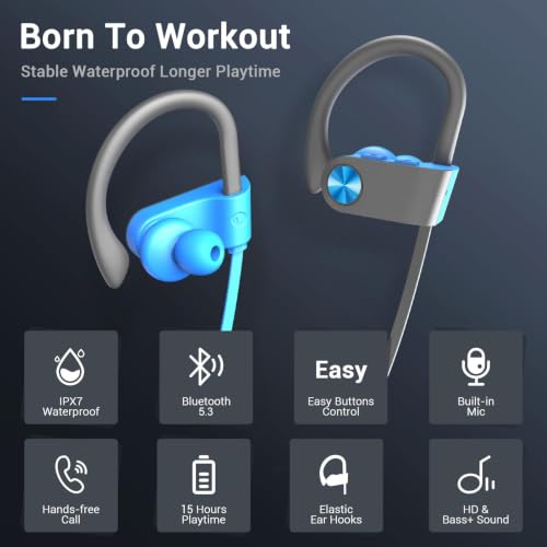 Image of Bluetooth Headphones, Bluetooth 5.3 IPX7 Waterproof Wireless Sports Earbuds for Workout Gym, 16 Hrs Playtime Running Headphones with Noise Cancelling Mic, HiFi Bass Stereo in-Ear Earphones
