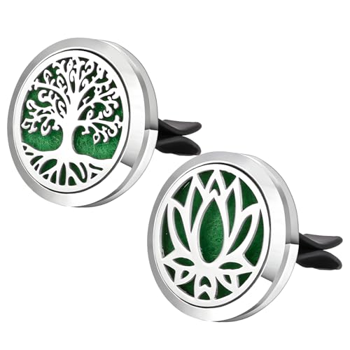 Image of KVAEY 2PCS 30mm Car Diffuser Vent Clips, Tree of Life Aromatherapy Essential Oil Diffuser Locket with 12 Felt Pads, Stainless Steel Car Diffuser Locket Air Freshener (Silver)