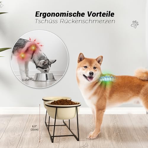 Hundenapf Set Erhöht Hundenäpfe Keramik - Doppel Fressnapf Hund Groß mit Rutschfestem Metallständer - Hunde Napfset für Futter Wasser - Ideal für Mittelgroße und Große Hunde - 2 x 1600 ml - Beige