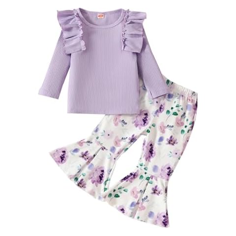 Kislio Toddler Baby Girl Clothes Long Sleeve Ruffle Ribbed Tops Flare Pants Bell Bottoms Fall Winter Outfit Set Cover