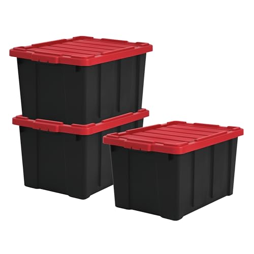Iris Ohyama, Caisse Rangement Plastique avec Couvercle Robuste, 68L, Lot de 3, Noir, Empilable, pour Garage, Etagères, Déménagement, Plastique, Boite a Outils, Boîte de Rangement, DDSKT-700