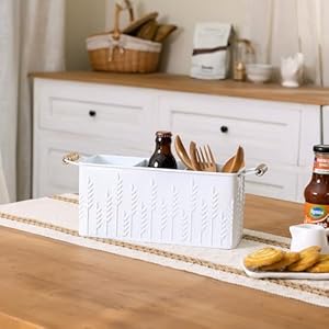 NIKKY HOME Farmhouse White Silverware Organizer with 3 Compartments Cutlery Caddy Kitchen Countertop Flatware Holder for Utensil Spoons Knives Forks Ear of Wheat Embossed Pattern