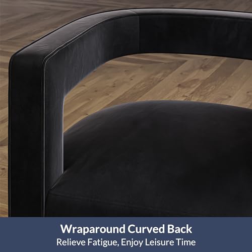 Image of BELLEZE Swivel Barrel Accent Chair, Modern Upholstered Arm Comfy Velvet Curved Back Round Chair with Gold Base Wood Frame, 360 Degree for Living Room Bedroom Office,Black
