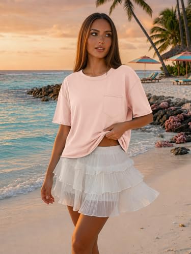 Image of ATHMILE Womens Crop Tops Workout Shirts Gym Oversized Spring Summer Basic Tees Short Sleeve Casual Loose Drop Shoulder 2026