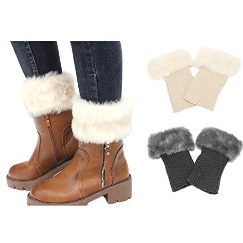 2 Pairs FAYBOX Women Winter Faux Fur Boot Cuff Knitting Leg Warmers Short
