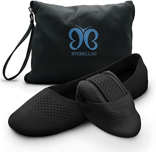 BYEBELLAS Foldable Portable Travel Ballet Flats with Arch Support for Women with Packable Zipper Pouch and Expandable Tote Bag Carrying Case Split Sole Shoes
