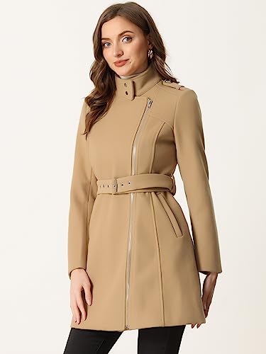 Allegra K High Neck Winter Coat for Women's Zip Up Belted Mid-Long Overcoat4