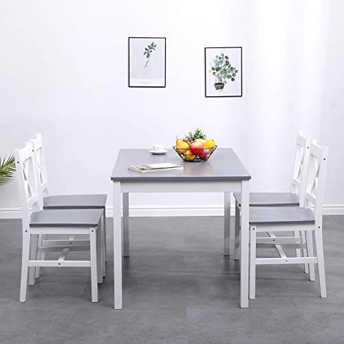 soges Dining Table Set for 4, 42.5 inch Pine Wood Dining Room Table with 4 Chairs, 5-Piece Kitchen Table Chairs Set for Small Space, Apartment, Dinette, Breakfast, White & Grey