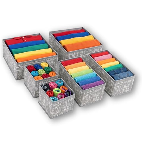 Image of Skrill Non Woven 6-Piece Foldable Clothing Storage Box Set| Cube Baskets,Bins & Dividers for Closet & Dresser Drawer Organization| Storage for Shirts, Pants,Underwear,Bras,Socks&More(Crosshatch Grey)