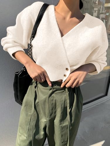 Image of WDIRARA Women's Wrap V Neck Sweater Button Front Long Sleeve Crop Knitted Top