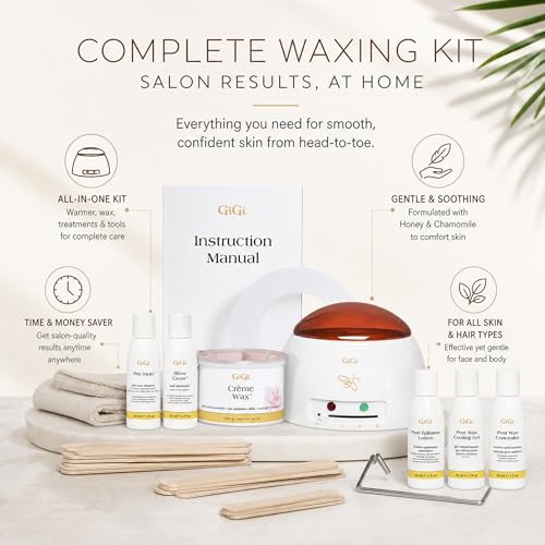 Image of GiGi Creme Wax Hair Removal Waxing Kit, Wax Warmer for Face, Body & Eyebrow | Complete Starter Kit, 14 oz Honee Creme, Mini Heater, Pre-Treatment Lotions, Wax Muslin Strips, Small and Large Applicators