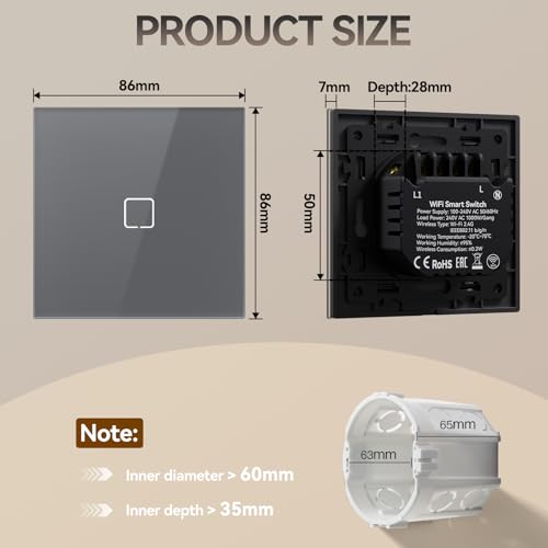 BSEED Smart Touch Lichtschalter,Glas Schalter Unterputz,Wandlichtschalter mit LED Hintergrundbeleuchtung,Neu E-Serie,16A 250V,1 Fach 1 Weg,86mm Grau