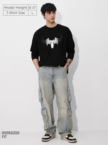 Image of The Souled Store Marvel: Venom Men and Boys Round Neck Black Graphic Printed Cotton Oversized Full Sleeve T-Shirts