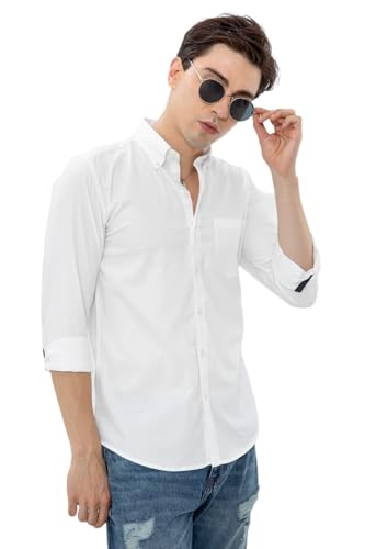 Image of SNITCH Men Casual Shirt | Slim Fit Full Sleeve Button-Down Collar Solid Design | Premium Cotton Fabric & Breathable Material for College & Casual Wear ||Rich Eggshell White