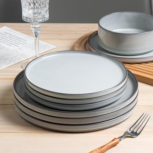Image of Dinnerware Sets for 4, 12 pcs Reactive Glaze Plates and Bowls Sets, Gary | Large Size Modern Stoneware Dishes, Chip & Scratch Resistant, Dishwasher and Microwave Safe Tableware, Glossy