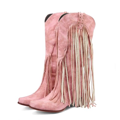 Image of KiutSymo Mid Calf Fringe Boots For Women Cowboy Pointed Toe Chunky Heels Cowgirl Western Tassel Boots