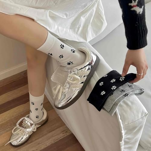 cute dog paw print socks for women, women's Cartoon dog animal paws print crew socks, fun dog fashion graphic knit socks, dog lovers gifts2