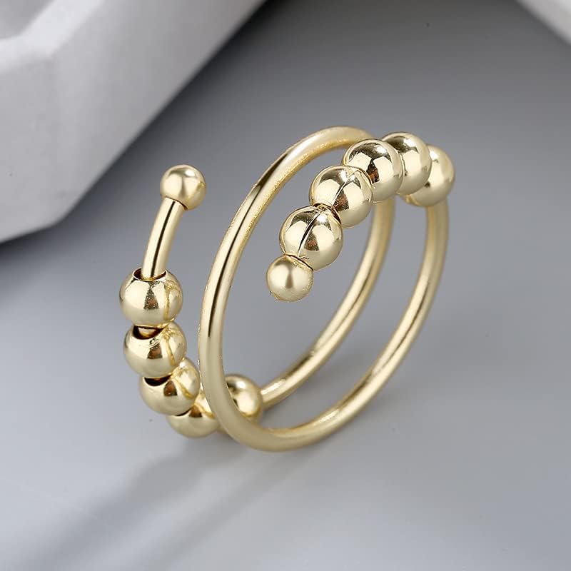 Vintage Beads Rotatable Fidget Anti Stress Opening Spinner Fidget Anxiety Silvery Color Rotate 316L Stainless Steel Rings for Women