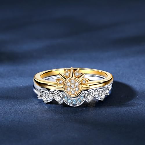 Jeulia Moon Sun Rings Set Sterling Silver for Women; Stackable Matching Ring Friendship Couples Promise Ring Band Celestial bff Rings Romantic Jewelry Gifts with Box3