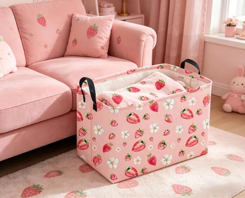 Image of Sanjiaofeng Rectangular Strawberry Storage Baskets Baby Girl Basket Kids Baby Storage Basket Waterproof Collapsible Storage Bin Cute Organizer Box Girl Room Decor(Strawberry)