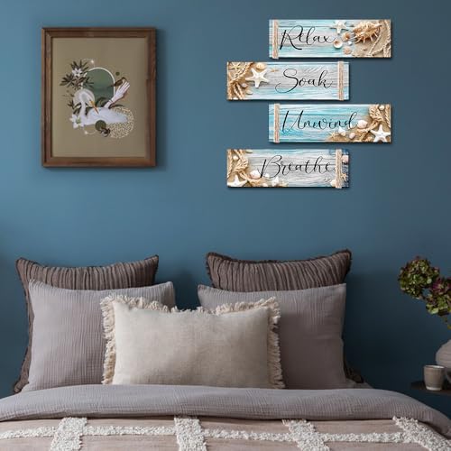 POILKMNI 4 Pcs Wooden Coastal Beach Wall Art - Relax Soak Unwind Breathe - Bathroom & Living Room