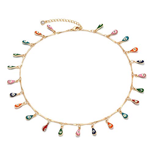 Mevecco Gold Evil Eye Choker Necklace,14K Gold Plated Dainty Teardrop Colorful Cute Boho Tiny Dangle Evil Eye Minimalist Protection Tassel Necklace for Women