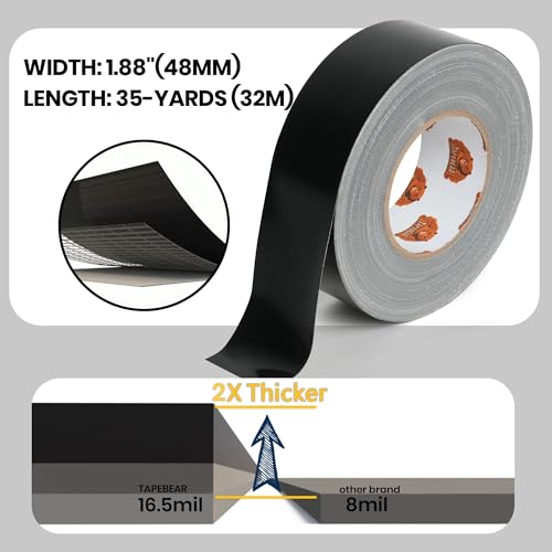Image of TAPEBEAR 16.5mil Thick Black Duct Tape Heavy Duty 1.88 inch x 105FT, Strong Tough Utility Ducting Tape Waterproof, No Residue, Flexible, Hand Tear Binding Tape for Bundle, Patch, Protect & Repair