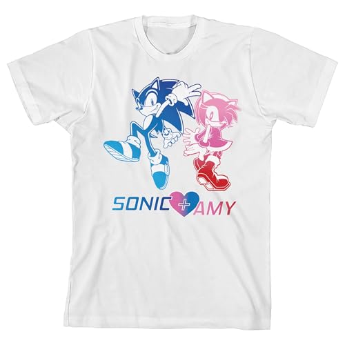 Bioworld Sonic The Hedgehog Sonic & Amy Heart Youth Girl's White Crew Neck Short Sleeve T-Shirt