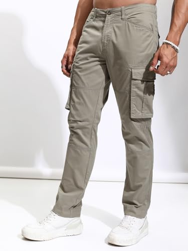 Image of Highlander Men's High-Rise Straight-Fit Cargo Trousers | Utility Pockets | Fashion & Function Blend | Carpenter Fit | Men Trousers | Trousers for Man |Cargo Pants for Men