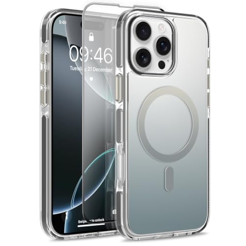Image of Magnetic Case for iPhone 16 Pro Max [Compatible with Magsafe] [Anti-Yellowing] [1 Screen Protector] Slim Clear Iridescent Case for iPhone 16 Pro Max 6.9 inch 2024, Black
