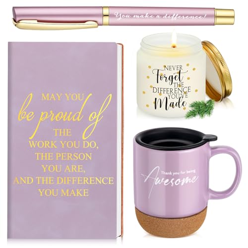 Sayglossy 4 Pcs Thank You Gifts for Women Men Employee Appreciation Notebook Inspirational Coffee Mug Scented Candle Ballpoint Pen for Teacher Coworker Volunteer Caregiver Medical Nurse, Puple