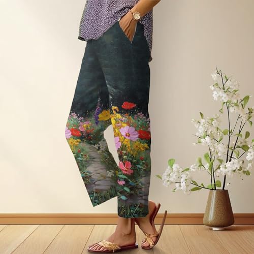 Casual Pants for Women Oil Painting Flower Print Straight Leg Trousers Summer Boho Floral Palazzo Pants with Pockets2