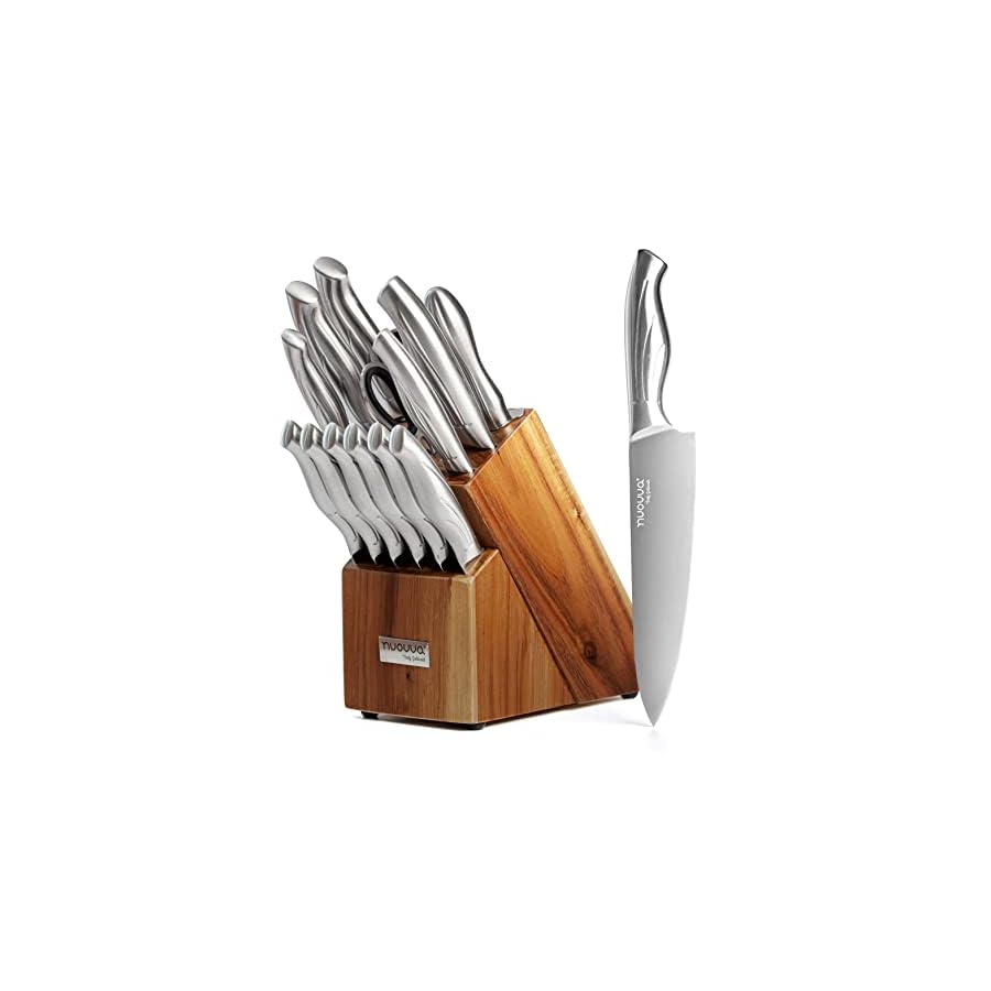 nuovva Kitchen Knife Block Set – 14-Piece Knife Set with Hardwood Block – Stainless Steel Blades – Hollow Knife Set for Chopping, Slicing, Dicing