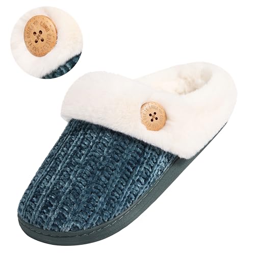 Image of Evshine Warm Knit House Slippers for Women Comfy Wool-Like Lined Chenille Slippers with Memory Foam and Indoor Outdoor Soles