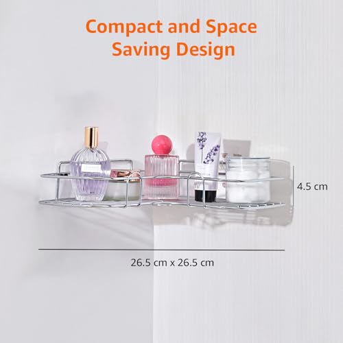 Image of Amazon Basics Self-Adhesive Corner Shelf | No-Drill, Wall-Mounted Organizer for Bathroom, Kitchen & Living Room - Premium Rust Proof GI Metal, 27 x 27 x 6 cm, Chrome, Pack of 2