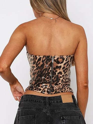 Women's Sequin Leopard Tube Top Stretch Sleeveless Y2k Crop Tops with Zip Sexy Bodycon Vest for Night Out Club3