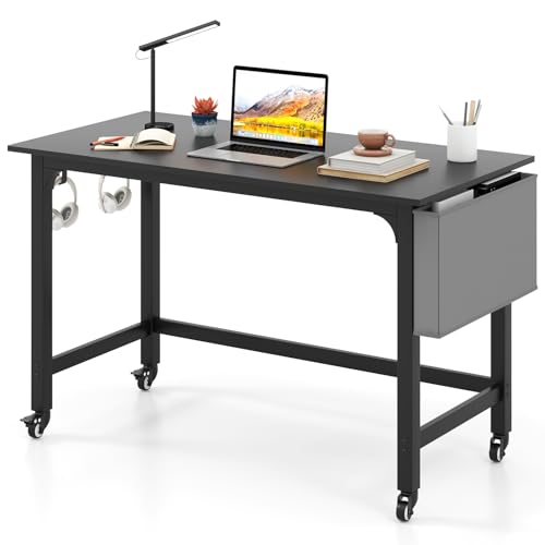 COSTWAY Schreibtisch mit Rollen, Computertisch mit Abnehmbarer Stofftasche und Kopfhörerhaken, Arbeitstisch mit 4 Rädern, Bürotisch rollbar, PC-Tisch, 120 x 60 x 75 cm, Schwarz