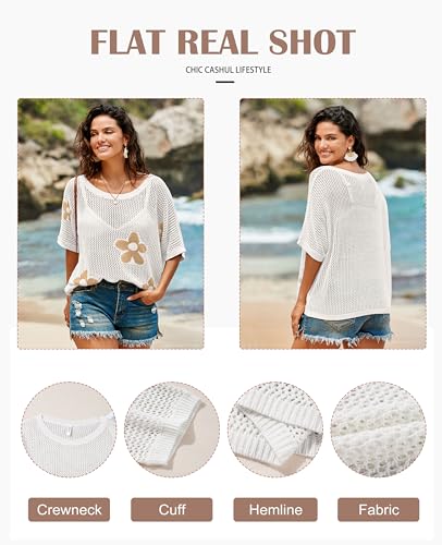 Image of SELINK Flower Crochet Tops for Women Short Sleeve Hollow Out Sweaters Swimsuit Cover Ups Lightweight Knit Pullover
